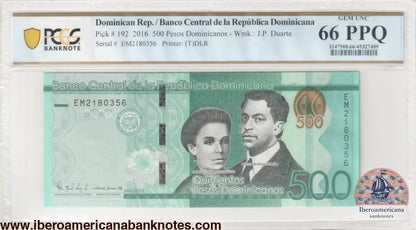 Dominican Republic 2003 P-172b PCGS Gem UNC 65 PPQ 500 Pesos Oro