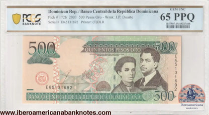 Dominican Republic 2016 P-192 PCGS Gem UNC 66 PPQ 500 Pesos Dominicanos