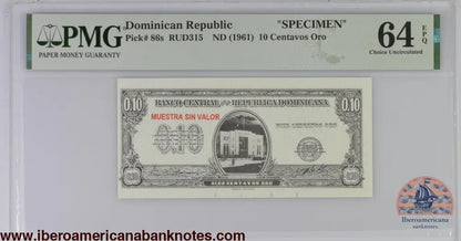 Dominican Republic ND (1961) P-86s PMG Choice UNC 64 EPQ 10 Centavos Oro (Specimen)