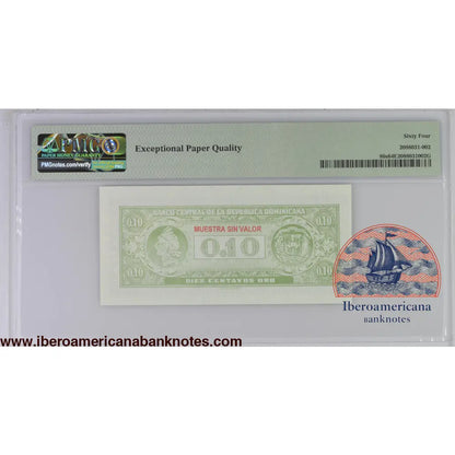 Dominican Republic ND (1961) P-86s PMG Choice UNC 64 EPQ 10 Centavos Oro (Specimen)