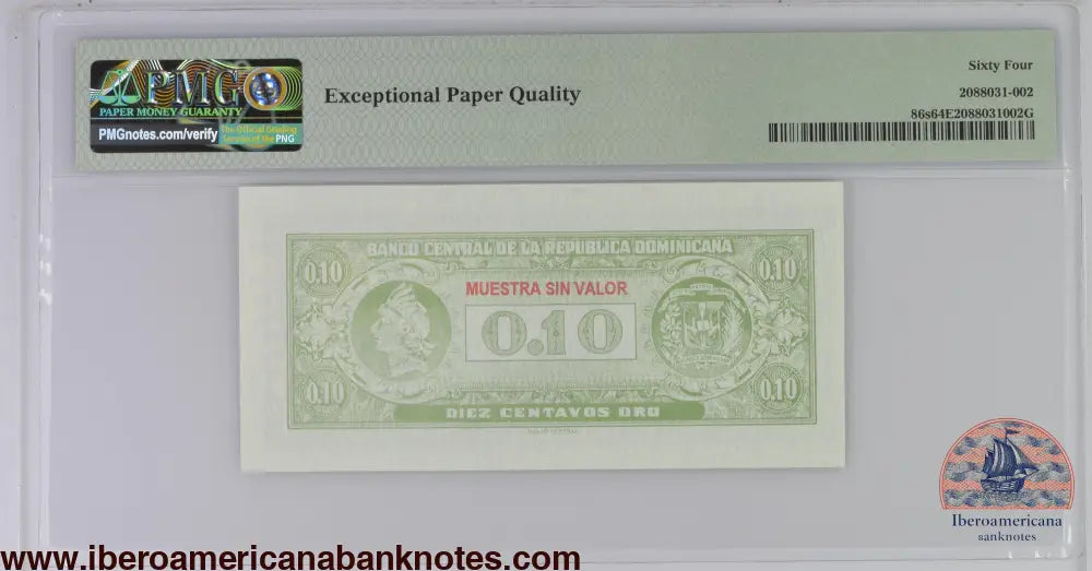 Dominican Republic ND (1961) P-86s PMG Choice UNC 64 EPQ 10 Centavos Oro (Specimen)