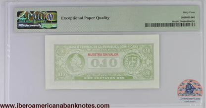 Dominican Republic ND (1961) P-86s PMG Choice UNC 64 EPQ 10 Centavos Oro (Specimen)