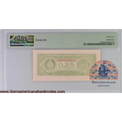 Dominican Republic ND (1961) P-88as PMG Choice UNC 63 25 Centavos Oro (Specimen)