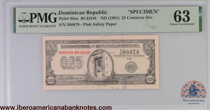 Dominican Republic ND (1961) P-88as PMG Choice UNC 63 25 Centavos Oro (Specimen)