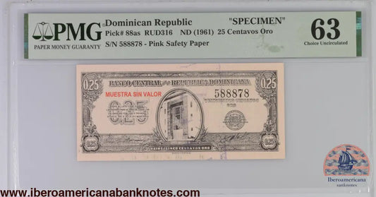 Dominican Republic ND (1961) P-88as PMG Choice UNC 63 25 Centavos Oro (Specimen)