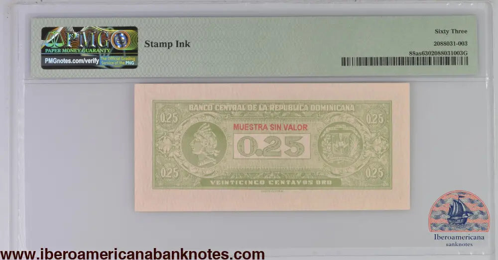 Dominican Republic ND (1961) P-88as PMG Choice UNC 63 25 Centavos Oro (Specimen)