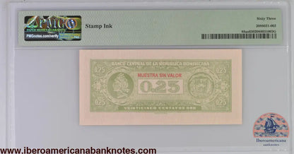 Dominican Republic ND (1961) P-88as PMG Choice UNC 63 25 Centavos Oro (Specimen)
