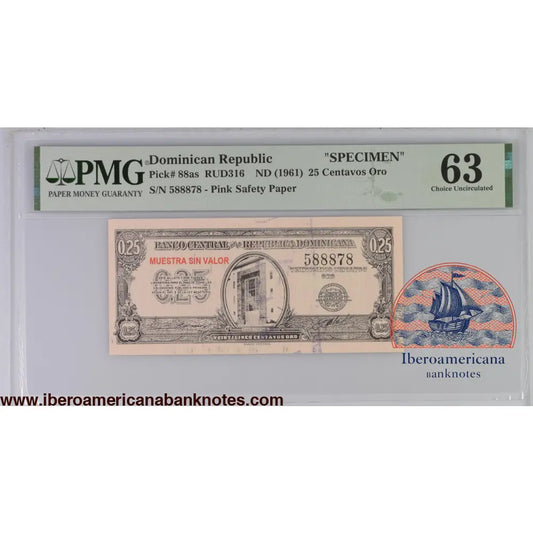 Dominican Republic ND (1961) P-88as PMG Choice UNC 63 25 Centavos Oro (Specimen)