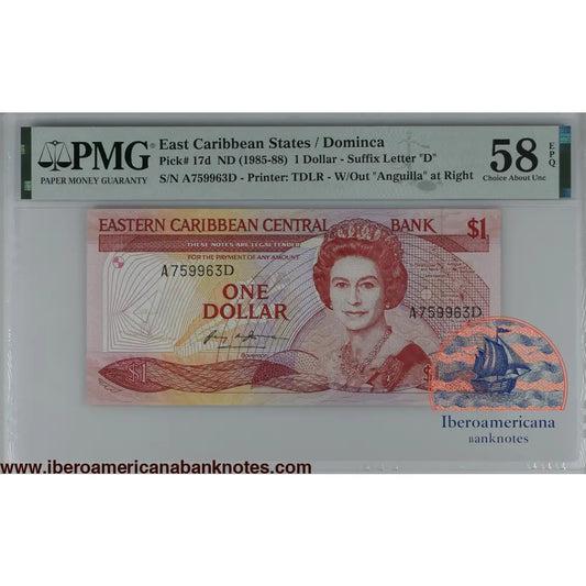 East Caribbean States / Dominica ND (1985-88) P-17d PMG Choice About UNC 58 EPQ 1 Dollar