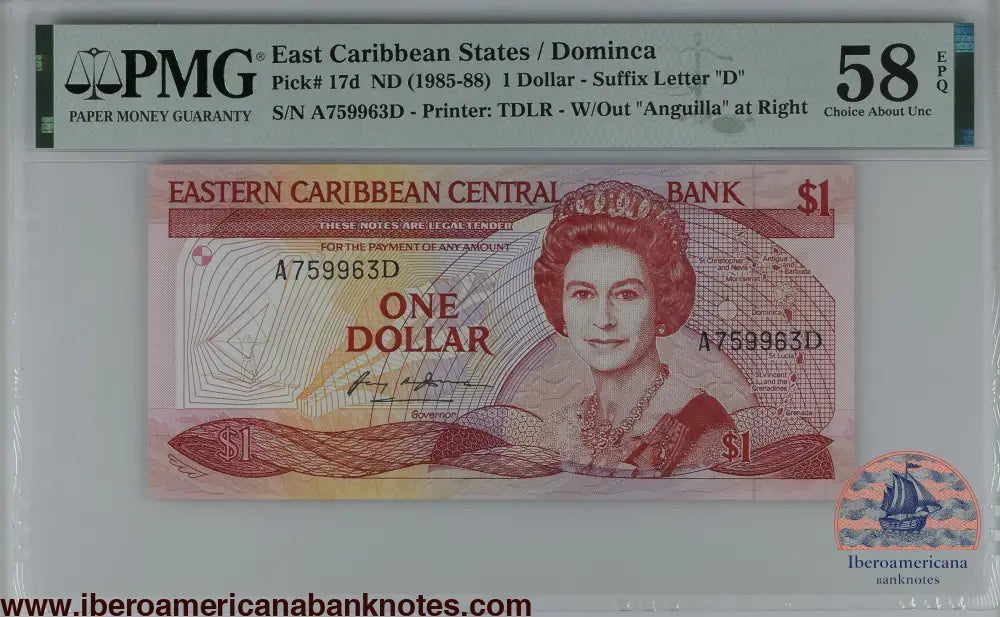 East Caribbean States / Dominica ND (1985-88) P-17d PMG Choice About UNC 58 EPQ 1 Dollar