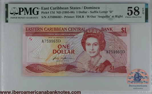 East Caribbean States / Dominica ND (1985-88) P-17d PMG Choice About UNC 58 EPQ 1 Dollar