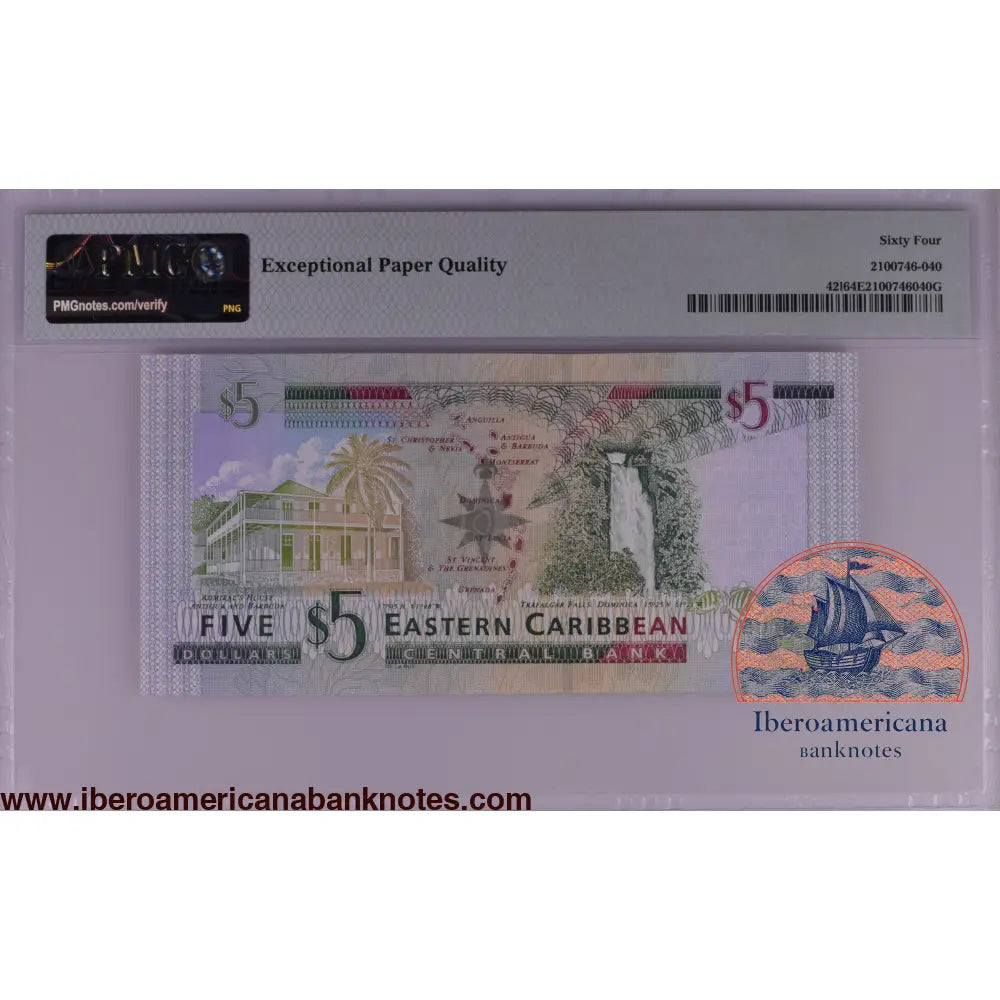 East Caribbean States / St. Lucia ND (2003) P-42l PMG Choice UNC 64 EPQ 5 Dollars