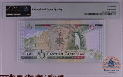 East Caribbean States / St. Lucia ND (2003) P-42l PMG Choice UNC 64 EPQ 5 Dollars