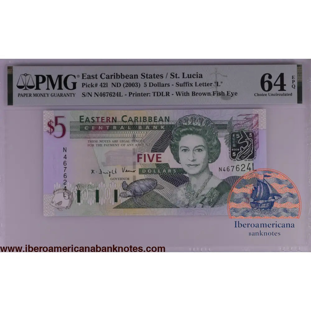 East Caribbean States / St. Lucia ND (2003) P-42l PMG Choice UNC 64 EPQ 5 Dollars
