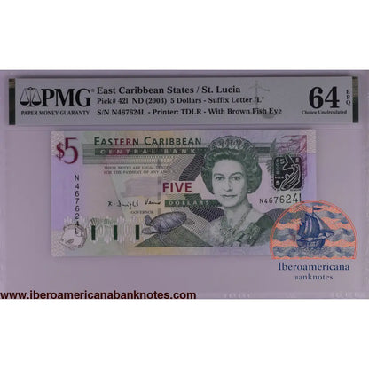 East Caribbean States / St. Lucia ND (2003) P-42l PMG Choice UNC 64 EPQ 5 Dollars