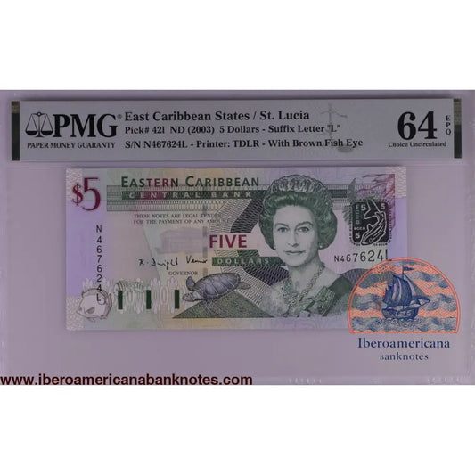East Caribbean States / St. Lucia ND (2003) P-42l PMG Choice UNC 64 EPQ 5 Dollars