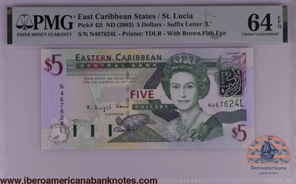 East Caribbean States / St. Lucia ND (2003) P-42l PMG Choice UNC 64 EPQ 5 Dollars