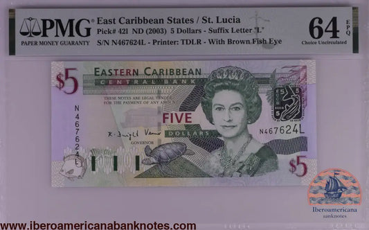 East Caribbean States / St. Lucia ND (2003) P-42l PMG Choice UNC 64 EPQ 5 Dollars