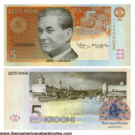 Billete de Estonia de 5 coronas de 1994, anverso con el retrato del ajedrecista Paul Keres y reverso con el castillo de Narva y la fortaleza de Ivángorod, en tonos naranja y azul
