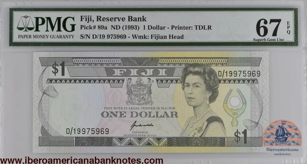Fiji ND (1993) P-89a PMG Superb Gem UNC 67 EPQ 1 Dollar