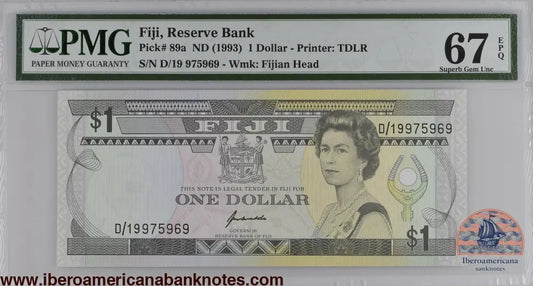 Fiji ND (1993) P-89a PMG Superb Gem UNC 67 EPQ 1 Dollar