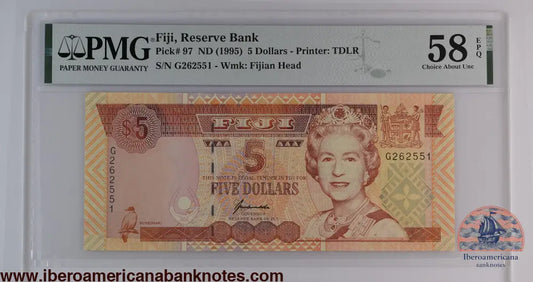 Fiji ND (1995) P-97 PMG Choice About UNC 58 EPQ 5 Dollars