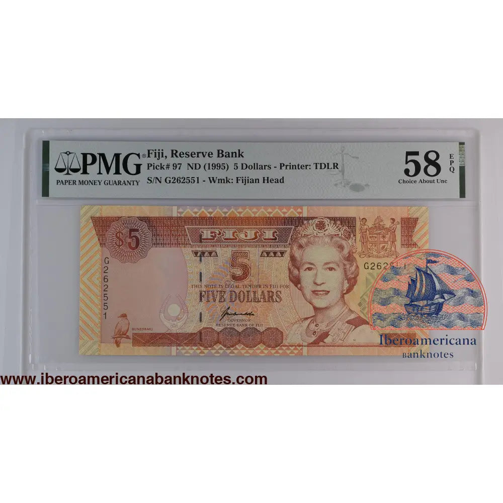 Fiji ND (1995) P-97 PMG Choice About UNC 58 EPQ 5 Dollars