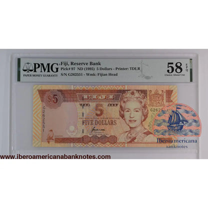 Fiji ND (1995) P-97 PMG Choice About UNC 58 EPQ 5 Dollars