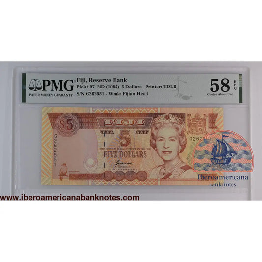 Fiji ND (1995) P-97 PMG Choice About UNC 58 EPQ 5 Dollars