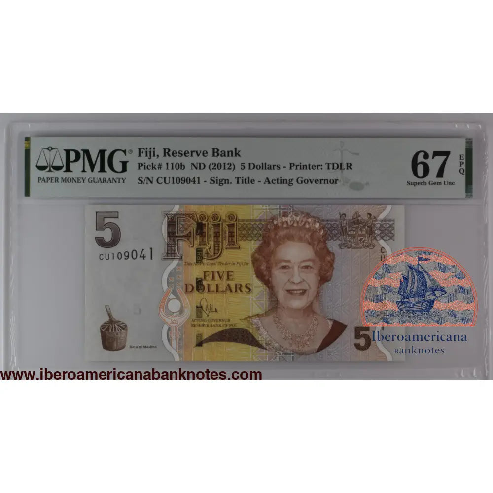 Fiji ND (2012) P-110b PMG Superb Gem UNC 67 EPQ 5 Dollars