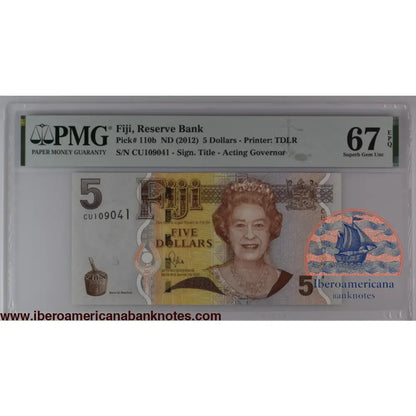 Fiji ND (2012) P-110b PMG Superb Gem UNC 67 EPQ 5 Dollars