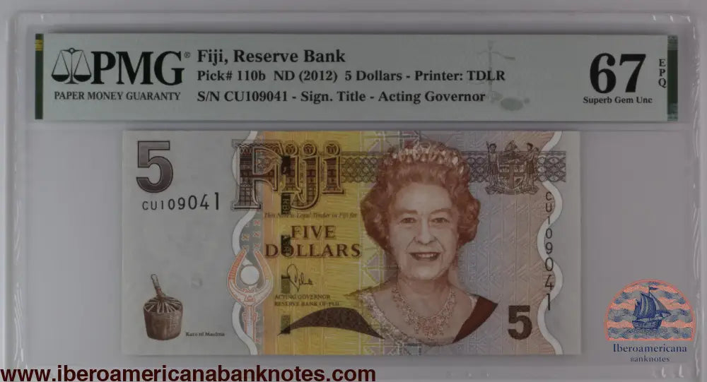 Fiji ND (2012) P-110b PMG Superb Gem UNC 67 EPQ 5 Dollars