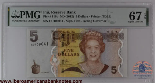 Fiji ND (2012) P-110b PMG Superb Gem UNC 67 EPQ 5 Dollars