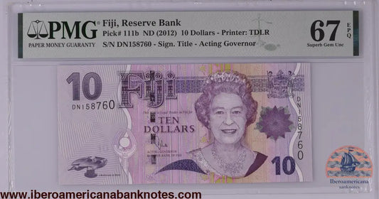 Fiji ND (2012) P-111b PMG Superb Gem UNC 67 EPQ 10 Dollars