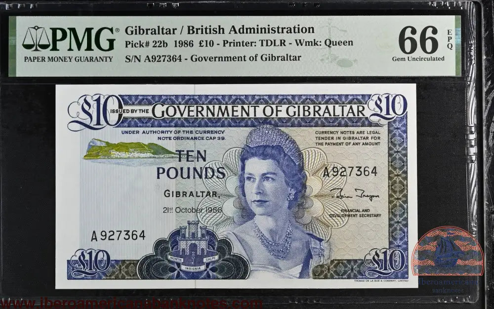Gibraltar. 10 Pounds 1986 Elizabeth II P-22b Last Date for Type PMG 66 EPQ