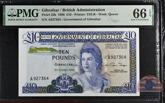 Gibraltar. 10 Pounds 1986 Elizabeth II P-22b Last Date for Type PMG 66 EPQ