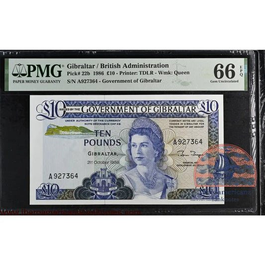 Gibraltar. 10 Pounds 1986 Elizabeth II P-22b Last Date for Type PMG 66 EPQ