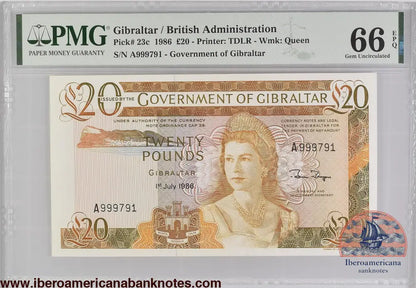 Gibraltar 20 Pounds 1986 P-23c PMG 66 EPQ