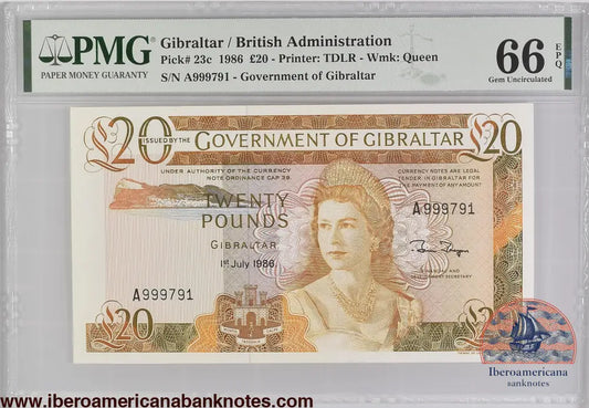 Gibraltar 20 Pounds 1986 P-23c PMG 66 EPQ