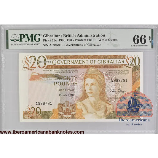 Gibraltar 20 Pounds 1986 P-23c PMG 66 EPQ