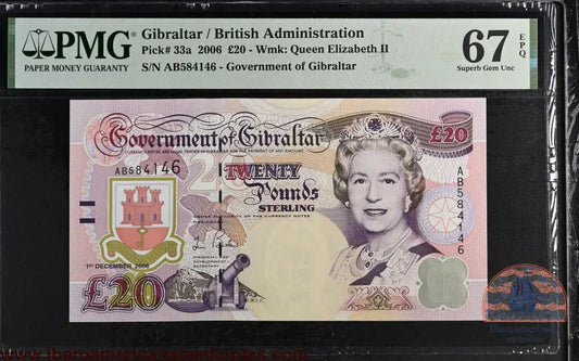Gibraltar. 20 Pounds 2006 Elizabeth II P-33a AB Prefix PMG 67 EPQ