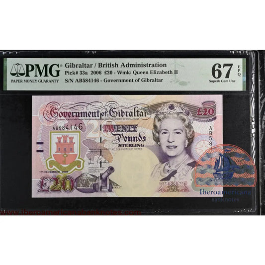 Gibraltar. 20 Pounds 2006 Elizabeth II P-33a AB Prefix PMG 67 EPQ