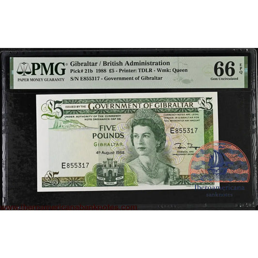 Gibraltar. 5 Pounds 1988 Elizabeth II P-21b Last Date for Type PMG 66 EPQ