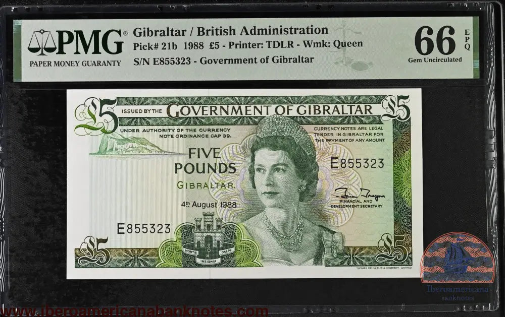 Gibraltar. 5 Pounds 1988 Elizabeth II P-21b Last Date for Type PMG 66 EPQ