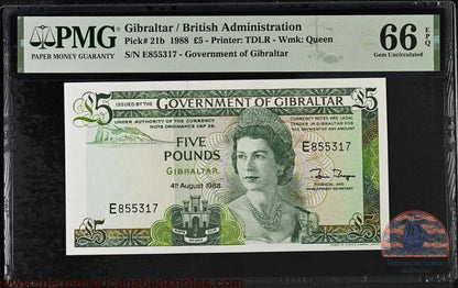 Gibraltar. 5 Pounds 1988 Elizabeth II P-21b Last Date for Type PMG 66 EPQ