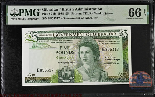Gibraltar. 5 Pounds 1988 Elizabeth II P-21b Last Date for Type PMG 66 EPQ