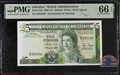 Gibraltar. 5 Pounds 1988 Elizabeth II P-21b Last Date for Type PMG 66 EPQ