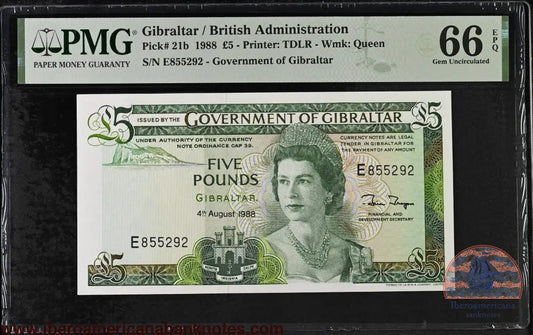 Gibraltar. 5 Pounds 1988 Elizabeth II P-21b Last Date for Type PMG 66 EPQ