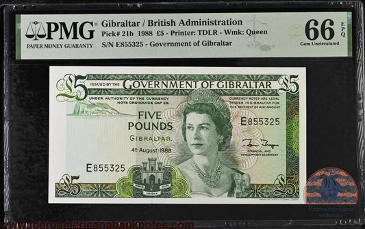Gibraltar. 5 Pounds 1988 Elizabeth II P-21b Last Date for Type PMG 66 EPQ