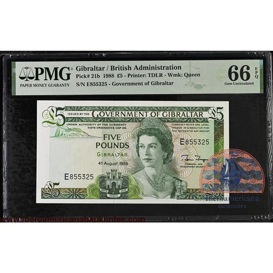 Gibraltar. 5 Pounds 1988 Elizabeth II P-21b Last Date for Type PMG 66 EPQ